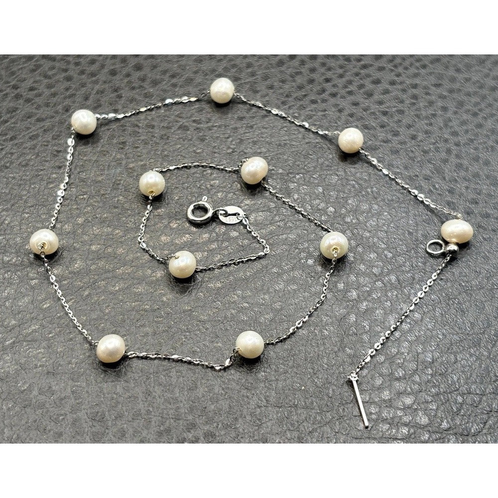 Vintage Sterling Silver Pearl Station Necklace Chain 18" Adjustable Choker